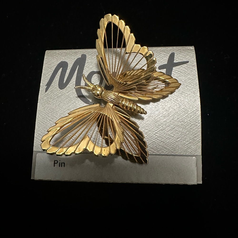Vintage Signed "Monet" Gold Tone Wire Butterfly Brooch New Old Stock Mothers Day
